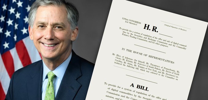 Rep. French Hill stands smiling beside his proposed digital asset regulation bill, H.R., advancing the CLARITY Act to establish a regulatory framework for digital commodities overseen by the CFTC and SEC.