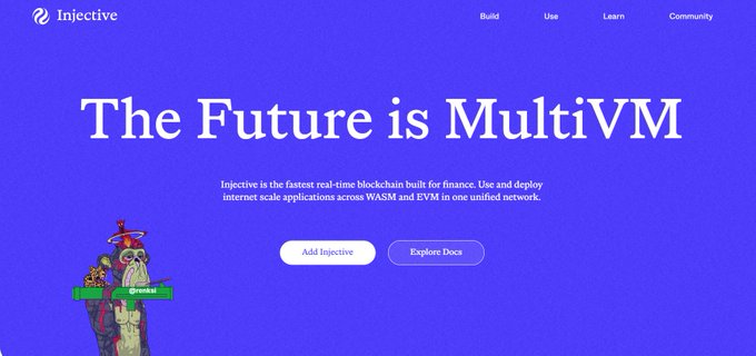 The image features a website for a company named "INJctiveive" that specializes in multi-chain technology, specifically multiVM. The website has a blue background with white text, which reads "THE FUTURE IS MULTIVM". It also includes a cartoon illustration of a person holding a sign that says "Focus on what is in the image and how it relates to the post". This suggests that the company's main focus is on the future direction of multiVM technology.