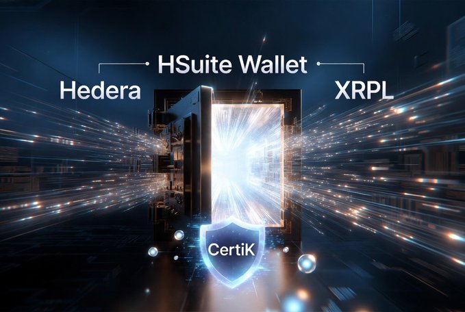 The image shows a promotional poster for HSuite Wallet, which is an upcoming multi-chain wallet designed specifically for Hedera and XRPL tokens. The poster features a 3D rendering of a vault with a light source shining through its center, symbolizing the transparency and security offered by the wallet. The text on the poster highlights that the wallet is officially available and is designed to provide users with a seamless XRPL account setup, biometric login, and governance-driven execution features for both Hedera and XRP tokens.