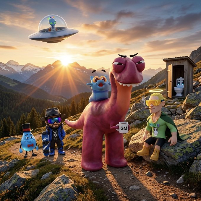 A whimsical 3D-rendered scene features a pink dinosaur-like creature with various characters including a UFO, a small blue figure in a top hat, and a character with a halo, all set in a mountainous landscape at sunset.
