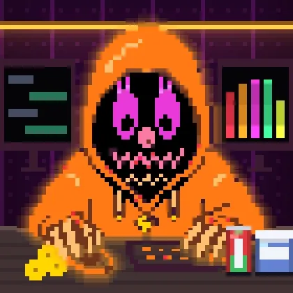 A pixel art image features a character in an orange hoodie with a glowing pink skull face, surrounded by trading charts, cheese, and a lab beaker.