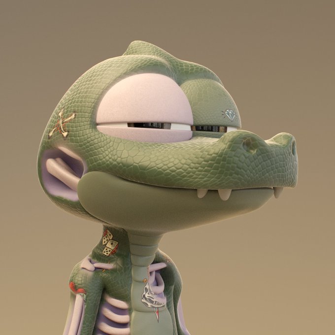 A 3D render of a green cartoonish reptilian creature with visible teeth and a scaly texture, featuring small tattoos including dice and a dagger on its body, set against a plain beige background.
