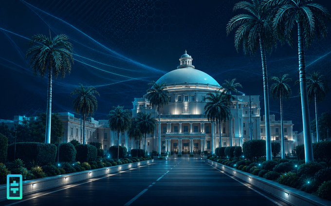 The image features a large white building with a dome, surrounded by palm trees at night. The building appears to be an important landmark or government building, possibly located in Egypt. The photo has been edited using a software called Theta EdgeCloud, which is used for translating Arabic text into English and vice versa. This software helps bridge the language barrier between Arabic speakers and English-speaking audiences by providing accurate translations of Arabic documents.