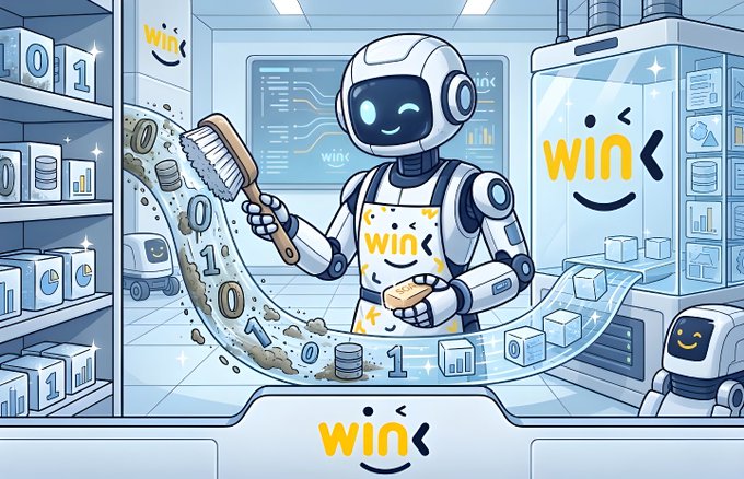 A friendly white robot in a "WINk" branded apron sweeps a stream of binary digits (0s and 1s) and data blocks through a clean, futuristic data center, with a glowing "WINk" smiley logo displayed on a counter in the foreground—visually representing the clean, multi-chain data integration described in the accompanying post about WINkLink's cross-chain oracle expansion.