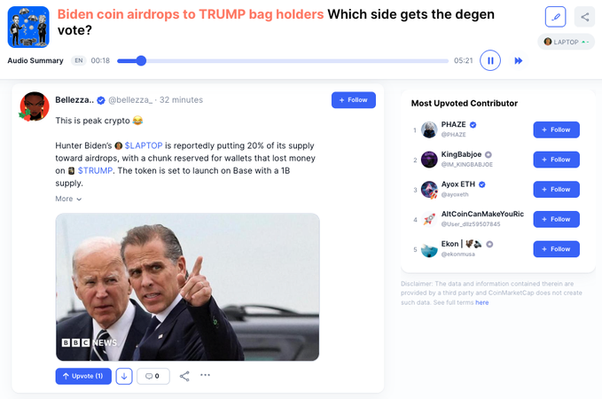 The image displays a CryptoMarketCap news page titled "Biden coin airdrops to TRUMP bag holders," featuring a tweet from Bellezza that announces Hunter Biden's $LAPTOP token launch on Base with 1B supply, allocating 20% to airdrops for wallets that lost money on $TRUMP. The accompanying image shows a BBC News photo of Joe Biden and Hunter Biden, visually linking the meme coin's political theme to its namesake figures.