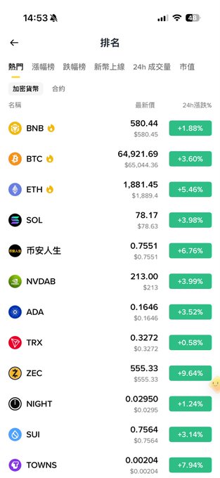 A screenshot of a cryptocurrency ranking app in Chinese, showing a list of coins including BNB, BTC, ETH, SOL, NVDAB, and ADA, with their prices and positive 24-hour percentage changes in green.