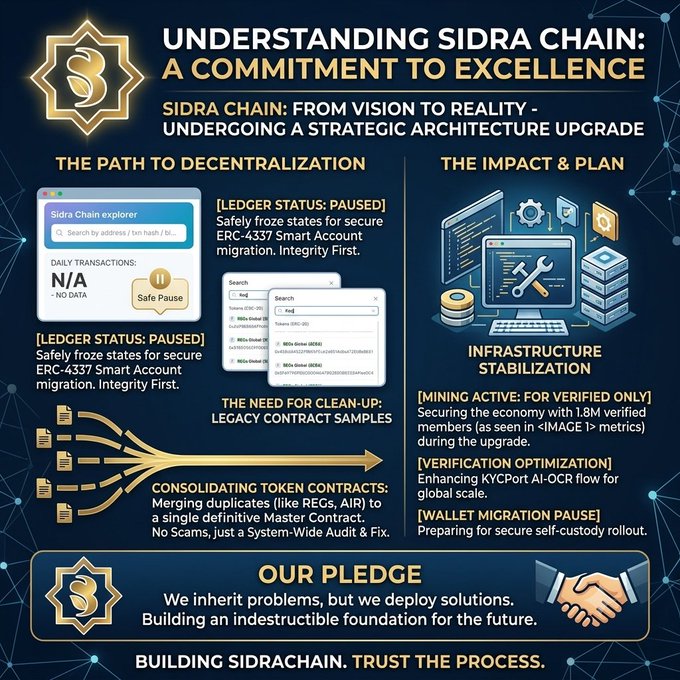 The image is an infographic titled "Understanding Sidra Chain: A Commitment to Excellence," outlining a strategic architecture upgrade focused on decentralization, with key sections noting paused ledger status during secure ERC-4337 Smart Account migration, consolidated legacy contract clean-up, and stabilized infrastructure with verified-only mining for the 1.8M members, directly reinforcing the post's emphasis on prioritizing stability, security, and long-term scalability over speed.