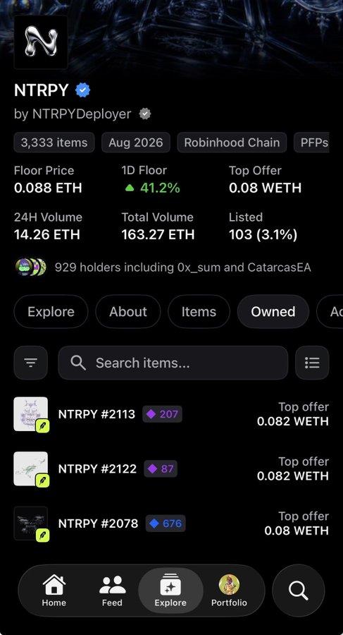 An NFT marketplace screenshot showing the 'NTRPY' collection by NTRPYDeployer on Robinhood Chain, with 3,333 items, a floor price of 0.088 ETH, and 929 holders.