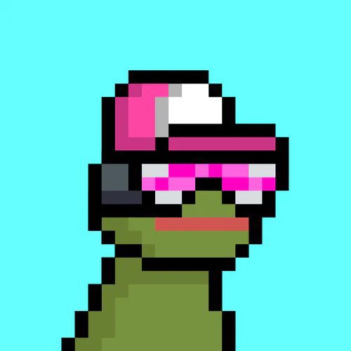 The image features a cartoon frog wearing sunglasses, a pink hat with white stripes, and a pair of glasses that are pink and white. The frog appears to be looking at something off-camera or towards the viewer. The caption "Ribbit!" is written in black text above the image.