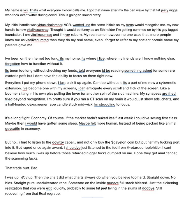 A personal essay or blog post by user 'vcr' (also known as vitaliikscumrag) discussing internet culture, Twitter ban waves, crypto trading losses, and references to $gayelon coin.
