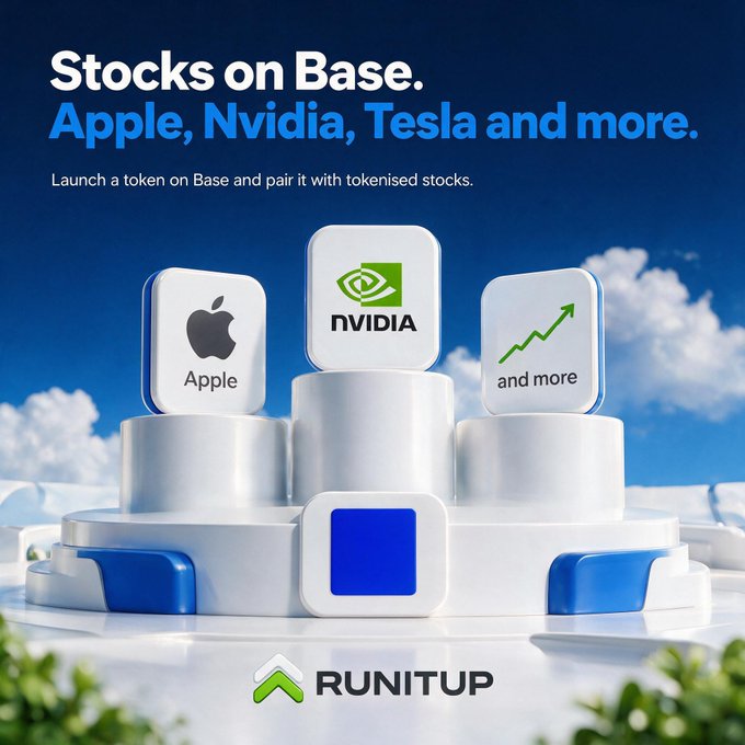 A promotional image for RUNITUP advertising 'Stocks on Base. Apple, Nvidia, Tesla and more,' showing 3D renderings of tokenized stock icons displayed on white pedestals against a blue sky background.
