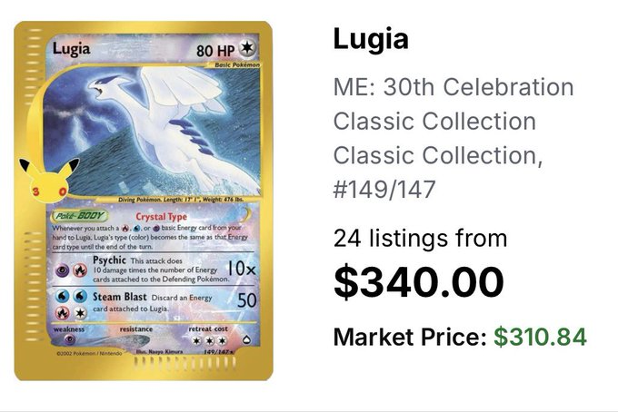 A product listing for a Lugia 30th Celebration Classic Collection Pokémon card #149/147, priced at $340.00 with a market price of $310.84.