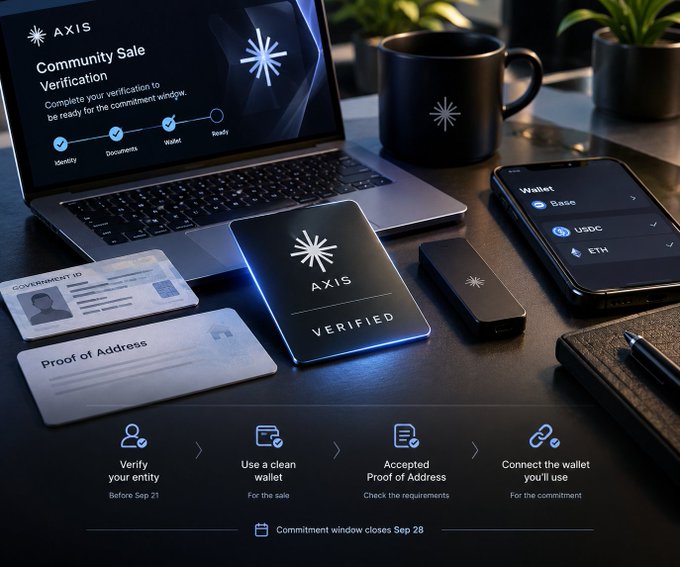 A promotional graphic for an 'AXIS Community Sale Verification' process, showing a laptop, wallet, ID cards, and a verification checklist.