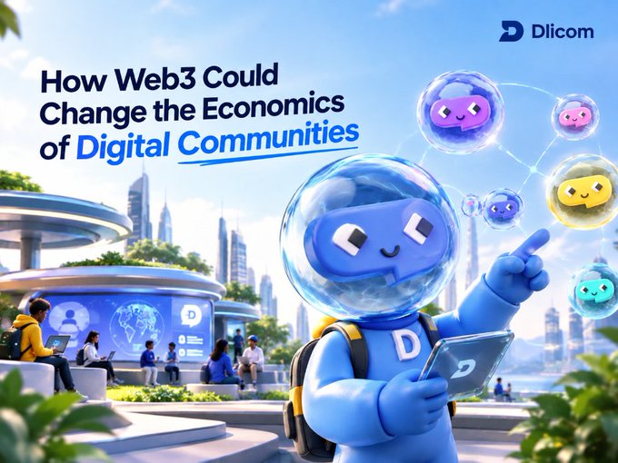 A promotional graphic titled 'How Web3 Could Change the Economics of Digital Communities' featuring cartoon blue character mascots in bubbles, with the Dlicom logo in the top right corner.