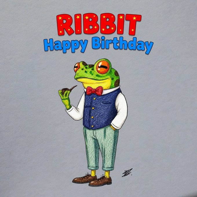 An illustration of a cartoon green frog wearing a red bow tie, blue vest, and light green pants, holding a pipe, with red and blue text reading 'RIBBIT Happy Birthday'.