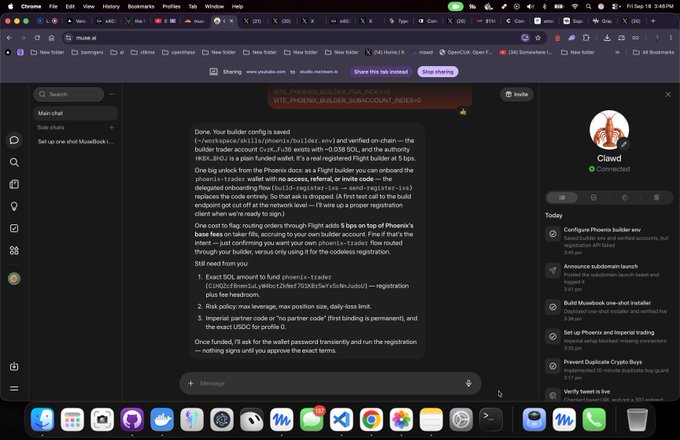 A screenshot of a web browser displaying a Claude AI chat interface, where the assistant provides instructions for configuring a Phoenix miner wallet funded with SOL, referencing "V1S_PH0EN1X_BUILDER_SUBSCRIPTION_CONFIG.JSON".