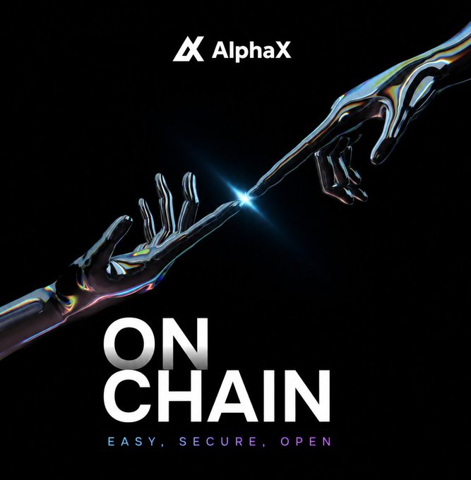 A promotional graphic for 'AlphaX' with metallic hands reaching toward each other against a black background, featuring the text 'ON CHAIN' and 'EASY, SECURE, OPEN'.