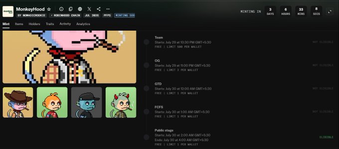 The image shows a countdown timer for the MonkeyHood NFT mint, displaying 3 days, 6 hours, 33 minutes, and 8 seconds remaining. It features pixel art character avatars and details multiple mint phases (Team, OG, GTD, FCFS, Public stage) all priced at 1.5 ETH, highlighting the GTD WL collaboration perks mentioned in the post.