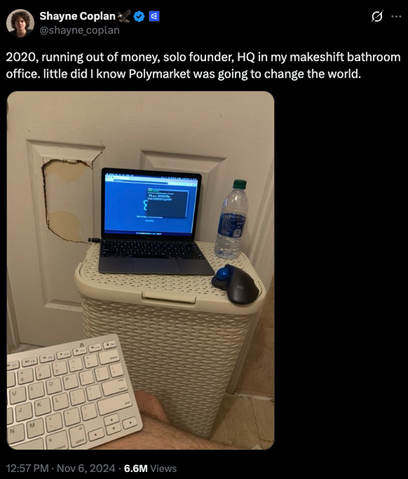A post by Shayne Coplan (@shayne.coplan) reads: “2020, running out of money, solo founder, HQ in my makeshift bathroom office...” It shows a laptop, mouse, water bottle, keyboard, and hamper in a small bathroom.