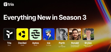Promotional slide for 'Tria Season 3' introducing new additions including Decibel, Aptos, Ice, Parth, Ronald, and Brylee with their photos.