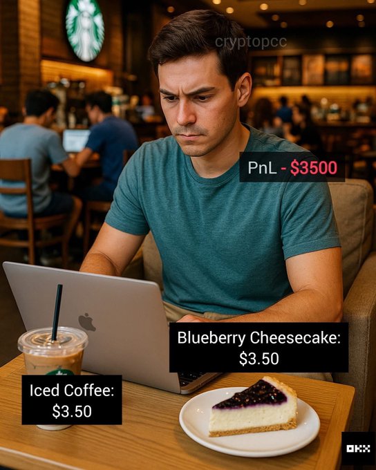 iced coffee & blueberry cheesecake with a laptop, for $3.50 per unit; ice cream drink for $1.00; he has a lot of money, is probably researching the best crypto trading platforms or watching some sort of tutorial online, maybe looking at his phone too.