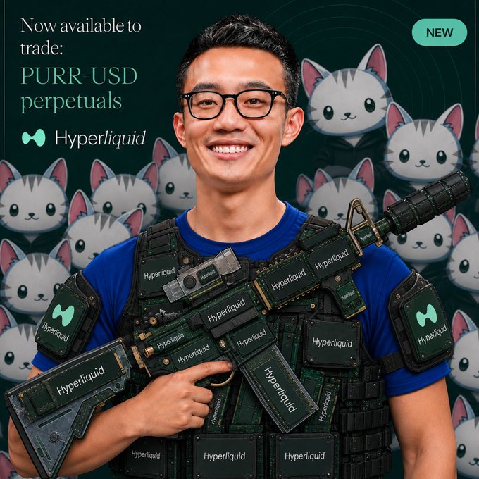A promotional advertisement for Hyperliquid announcing that PURR-USD perpetuals are now available to trade, featuring a smiling man in glasses holding an assault rifle decorated with Hyperliquid branding against a background of cat illustrations.