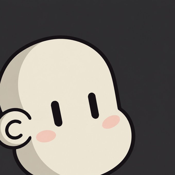 A stylized cartoon illustration of a bald baby or monk-like character with rosy cheeks and simple dot eyes against a dark gray background.