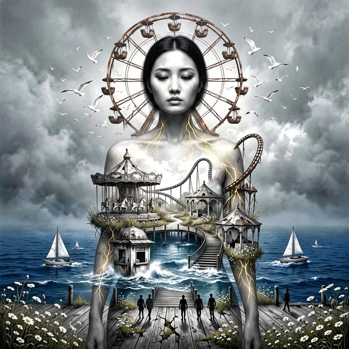A surreal grayscale illustration features a woman's upper body serving as a vessel for an amusement park with a Ferris wheel, carousel, and roller coaster, set against a cloudy sky and ocean with a wooden pier in the foreground.