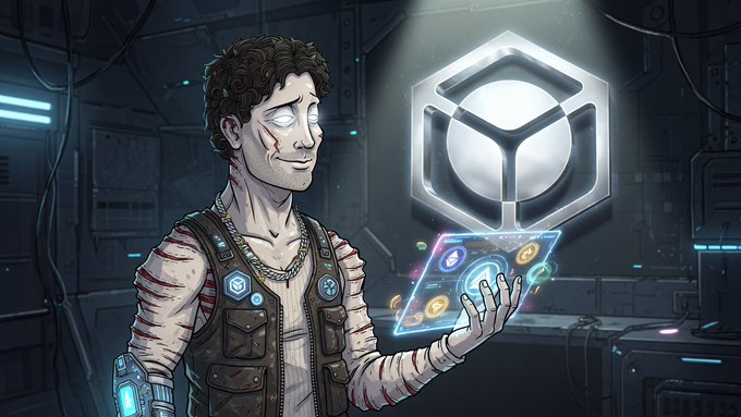 A stylized digital illustration of a bandaged character with glowing eyes, wearing a tactical vest adorned with cryptocurrency logos, holding a holographic projection of crypto tokens beneath a hexagonal emblem in a sci-fi setting.