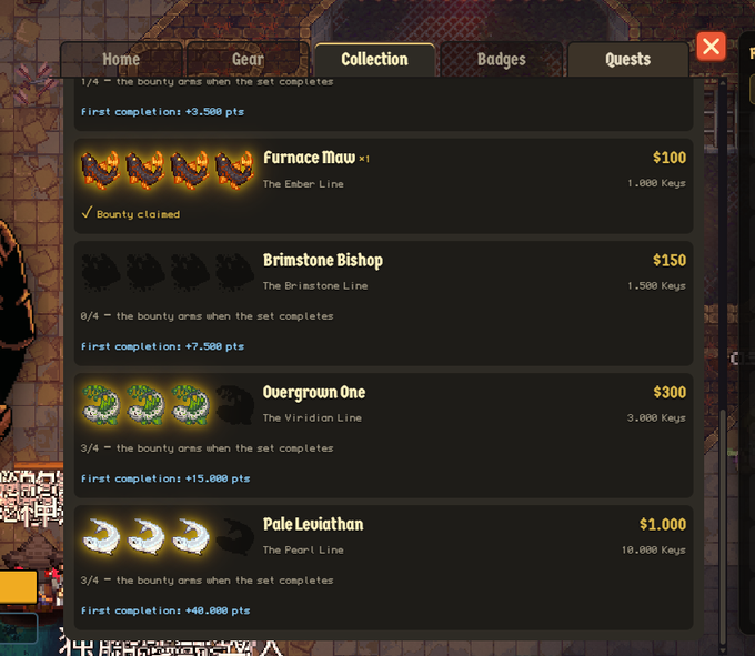 A screenshot from a video game 'Collection' menu showing items like 'Furnace Maw', 'Brimstone Bishop', 'Overgrown One', and 'Pale Leviathan' with prices in dollars and keys.
