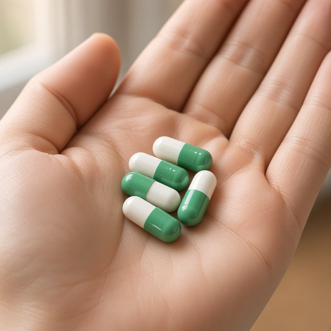 A close-up photograph of a person's open palm holding five green and white capsule pills, with a blurred background.