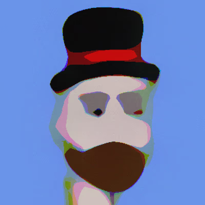 An abstract digital painting of a face with a tall black top hat, dark sunglasses, and a brown beard against a solid light blue background.