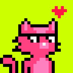A pixel art illustration of a pink devil or demon character with horns and a tail, standing against a bright green background with a pink heart above.