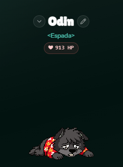 A digital pet interface displays a sad black dog named 'Odin <Espada>' with 913 HP on a dark green background.