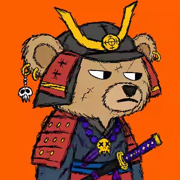 The image features a cartoon bear dressed as a medieval knight, complete with a helmet, sword, and armor. The bear's attire consists of a black and red outfit, including a red and gold sash around its waist. The bear also has a yellow helmet adorned with a skull on the front. The background is an orange color, which contrasts with the bear's dark clothing and highlights the knightly figure. The post that includes this image reads: "Minted these three anomalies on nakamoto sats. Gud 1/1 art by @glitchesst". This text suggests that someone has drawn a cartoon bear dressed as a medieval knight, possibly for an art project or to share with others.