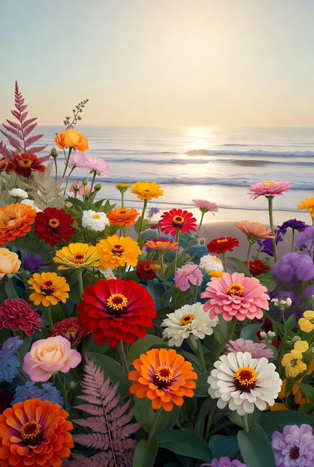 A vibrant display of colorful zinnias, roses, and other flowers in shades of pink, orange, red, yellow, and purple in the foreground, set against a serene beach backdrop with gentle waves and a glowing sunrise or sunset on the horizon.