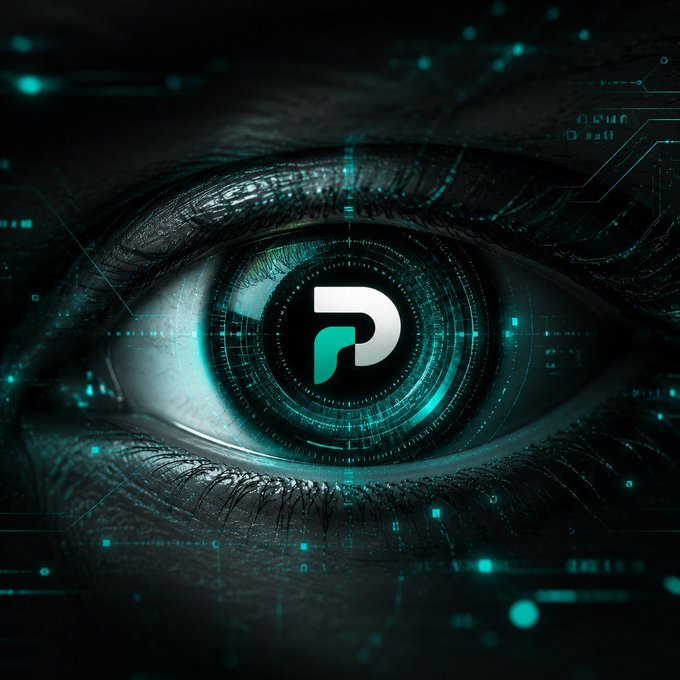 A stylized, dark graphic of a human eye with a digital, teal interface overlay, featuring a 'P' logo in the iris (representing the Polygon network).
