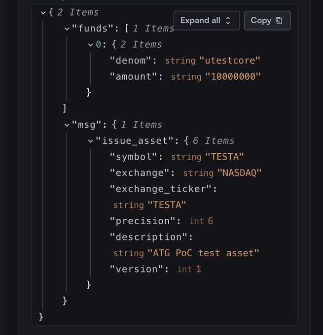 A code snippet showing a JSON structure with 'funds' containing a denom of 'utestcore' and amount '10000000', and an 'issue_asset' message for symbol 'TESTA' on 'NASDAQ' exchange.