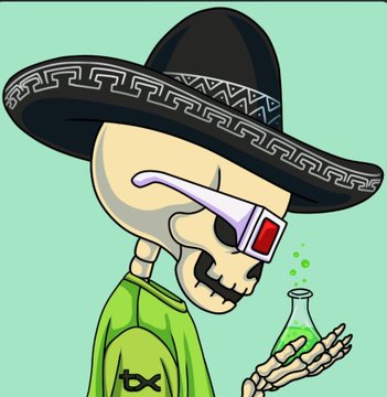 A cartoon skeleton character wearing a sombrero and green shirt, holding a flask with glowing green liquid, featuring a 'tx' logo on the shirt.