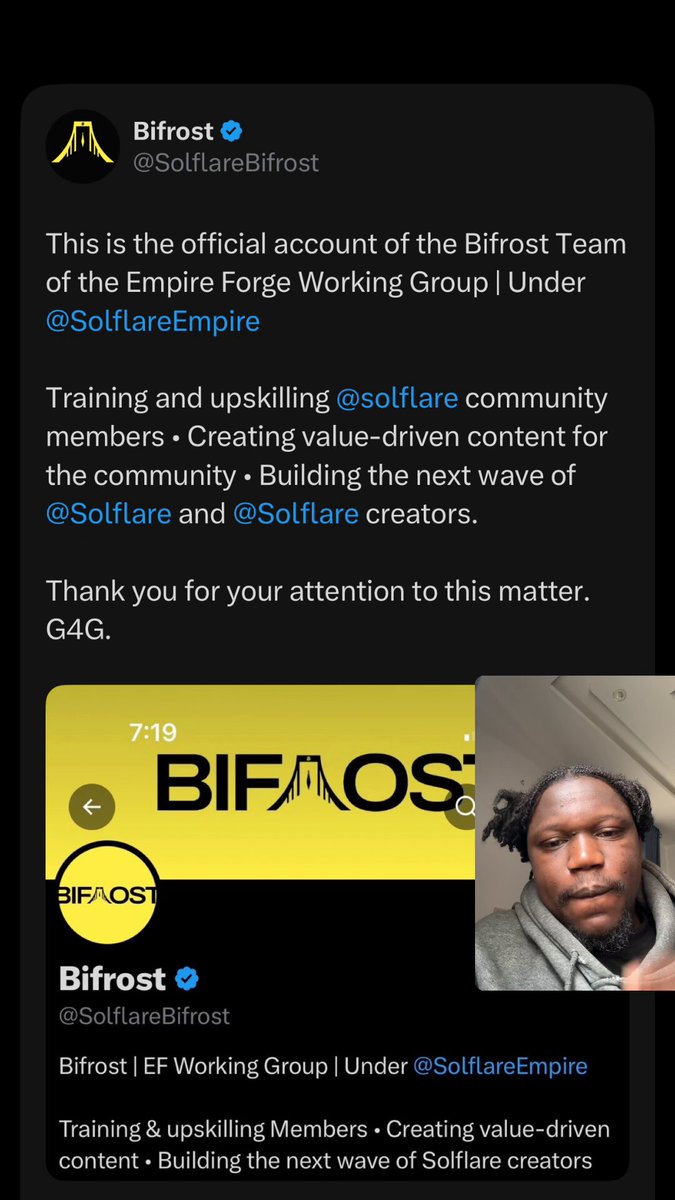 In this image, there are two posts on a social media platform. The first post is from Bifrost, which is a team of people who want to help community members upskill, grow, and become the best versions of themselves by consistently shipping value-driven content. The second post features an image of a man with dreadlocks wearing a gray hoodie.