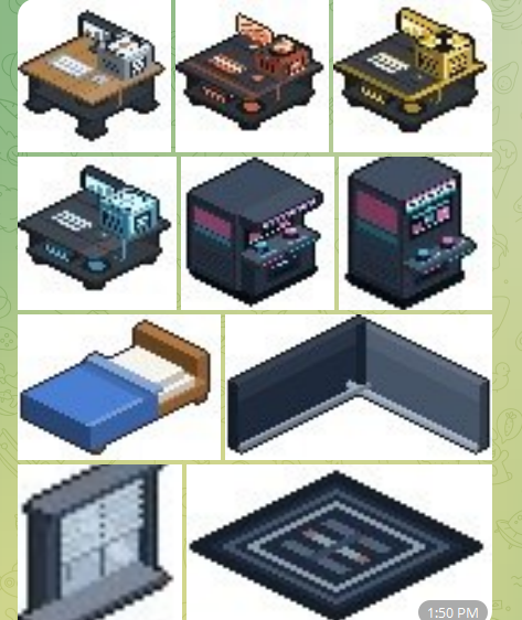 A collection of pixel art game assets showing isometric arcade cabinets, slot machines, a bed, and room corners/walls.