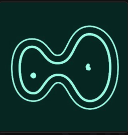 A minimalist cyan/dark blue logo featuring a stylized infinity symbol or interconnected double-circle design.