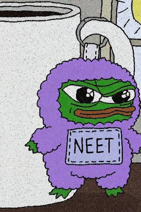 The image features a cartoon frog wearing a purple outfit with a "Neat" sign on its back, standing next to a white coffee cup. The frog appears to be holding onto the handle of the cup as if it were a purse or bag. The background is blurred and out of focus, drawing attention to the frog and its unique attire.