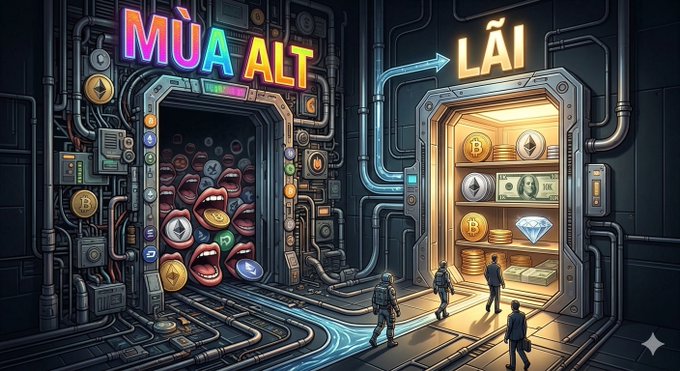 A vibrant sci-fi illustration showing a doorway labeled 'MUA ALT' filled with cartoon cryptocurrency coins leading to a vault labeled 'LÃI' containing gold, cash, and diamonds, with figures standing before it.