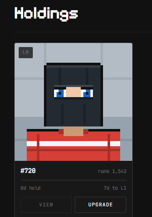 A pixel art character card titled 'Holdings' showing a ninja-like figure with blue eyes, labeled 'L0', '#720', rank 1,543, 0d held, 7d to L1, with 'VIEW' and 'UPGRADE' buttons.