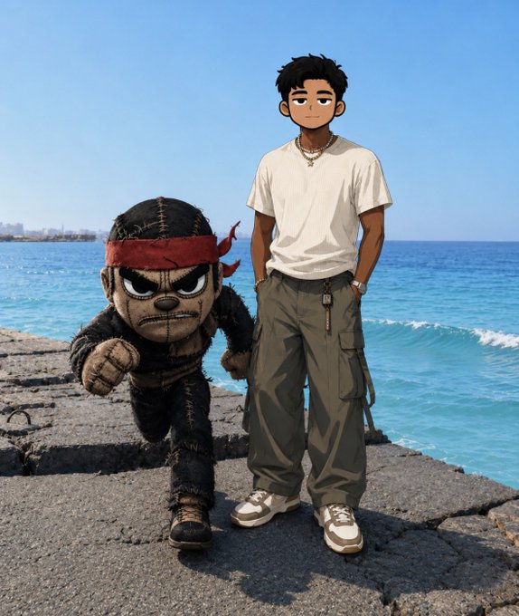 The image shows a young man standing on a concrete coastal walkway beside a stitched, plush-style figure with a red headband and clenched fists, both posing in front of the ocean. The post's "GM" greeting and "#100K2GO" reference a Bitcoin price milestone goal, with the image's determined, fighting pose symbolically representing the community's push toward that $100K target.