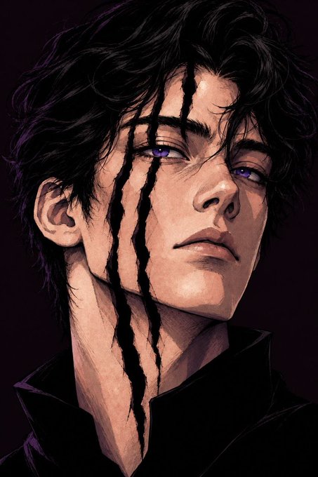 A digital portrait of a young man with messy black hair, purple eyes, and three long braided strands falling across his face, set against a dark background.