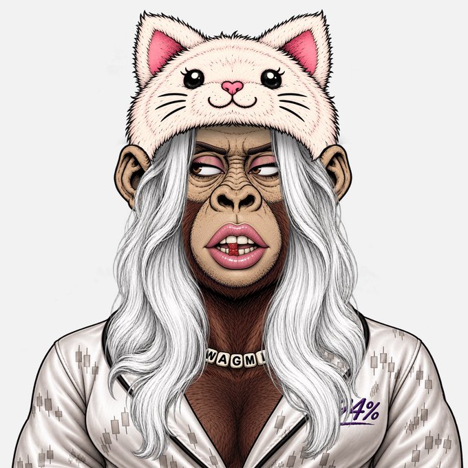 An illustration of a monkey character with long white hair, wearing a white fuzzy cat-eared hat and a top with "WAGMI" written on the collar.