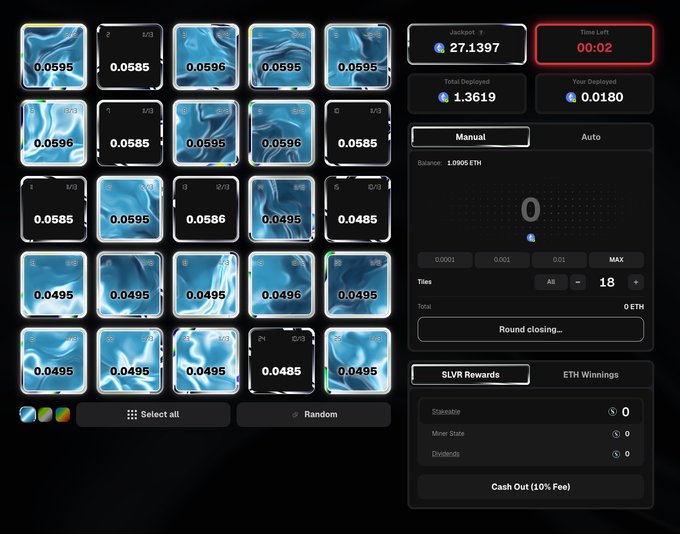A crypto gambling/slot game interface showing a grid of tiles with values like 0.0595 and 0.0485 ETH, a jackpot of 27.1397 ETH, total deployed of 1.3619 ETH, and a balance of 1.0095 ETH