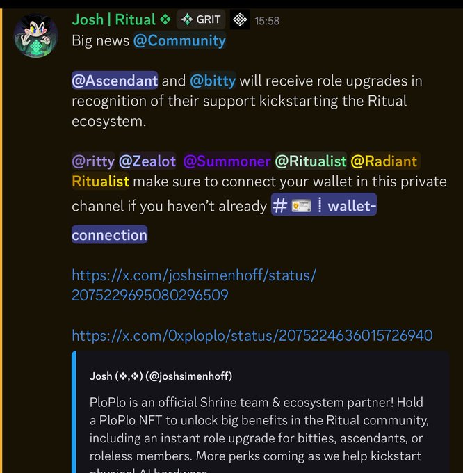 A Discord message from 'Josh | Ritual' (GRIT) dated 15:58 announcing big news for @Community, mentioning role upgrades for @Ascendant and @bitty and wallet connections for various roles.